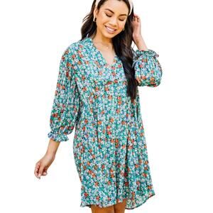 Umgee Ditsy Floral Babydoll Dress‎ Teal Green Orange Metallic Thread Size M